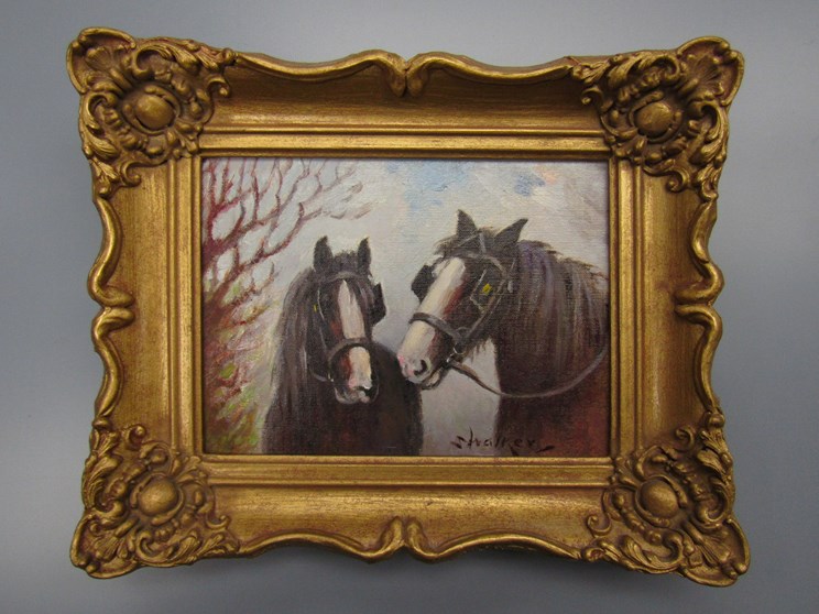 STEPHEN WALKER (1900-2004) An ornate gilt framed oil on board of two horses. Signed bottom right.