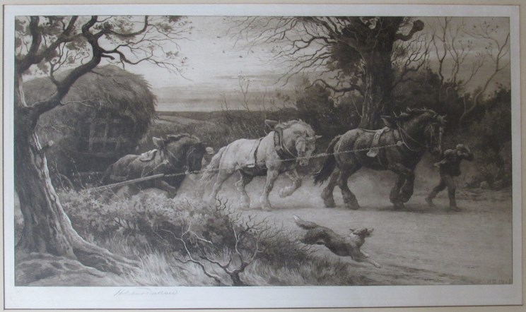 HERBERT THOMAS DICKSEE (1862-1942) A framed and glazed etching of Suffolk Punch horses pulling a