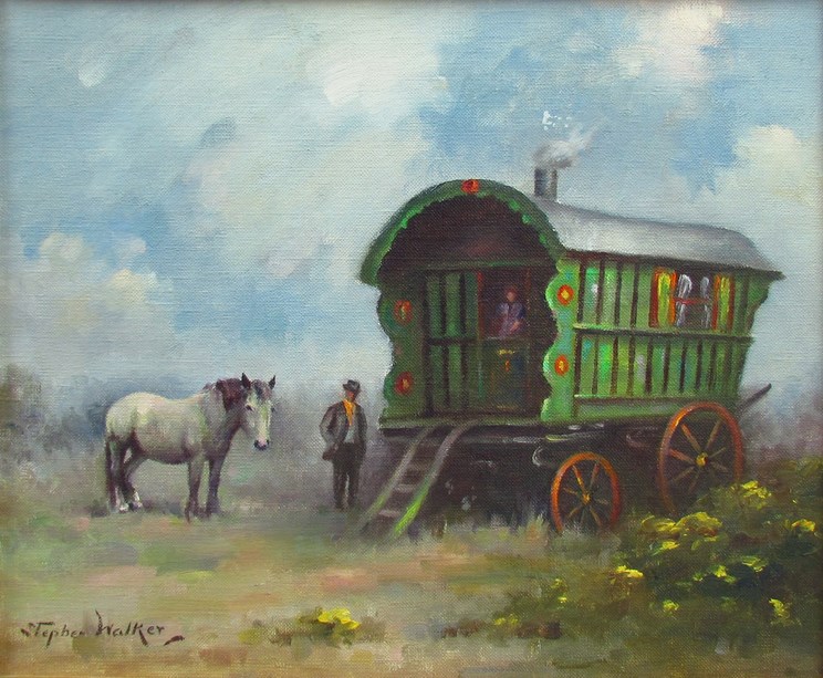 STEPHEN WALKER (1900-2004) Oil on canvas, green gypsy wagon with female at doorway,