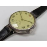 An early 20th Century silver cased trench gent's wristwatch, Roman enamel dial with red twelve,