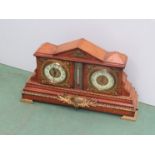 A Victorian oak and brass mounted clock with barometer and aneroid thermometer,