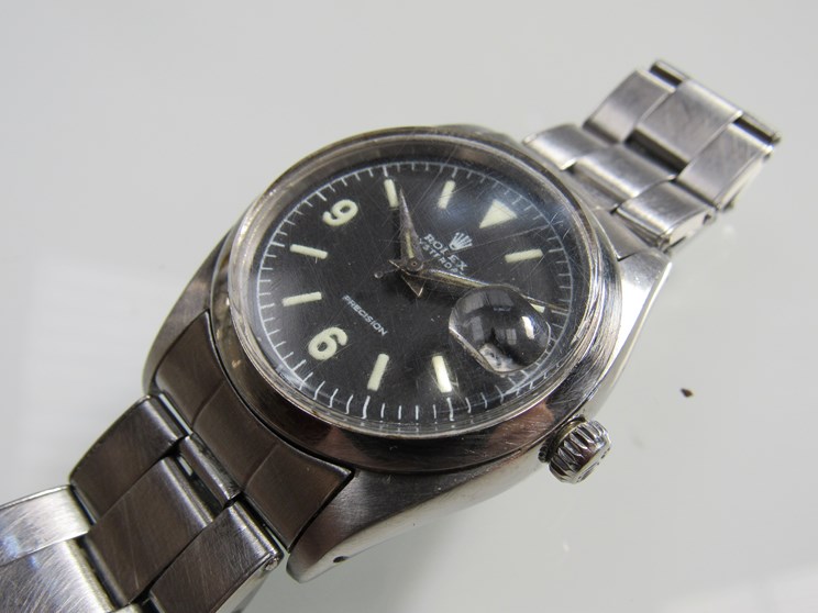 ROLEX: an Oysterdate Precision steel cased gent's bracelet watch with black "Explorer" dial,