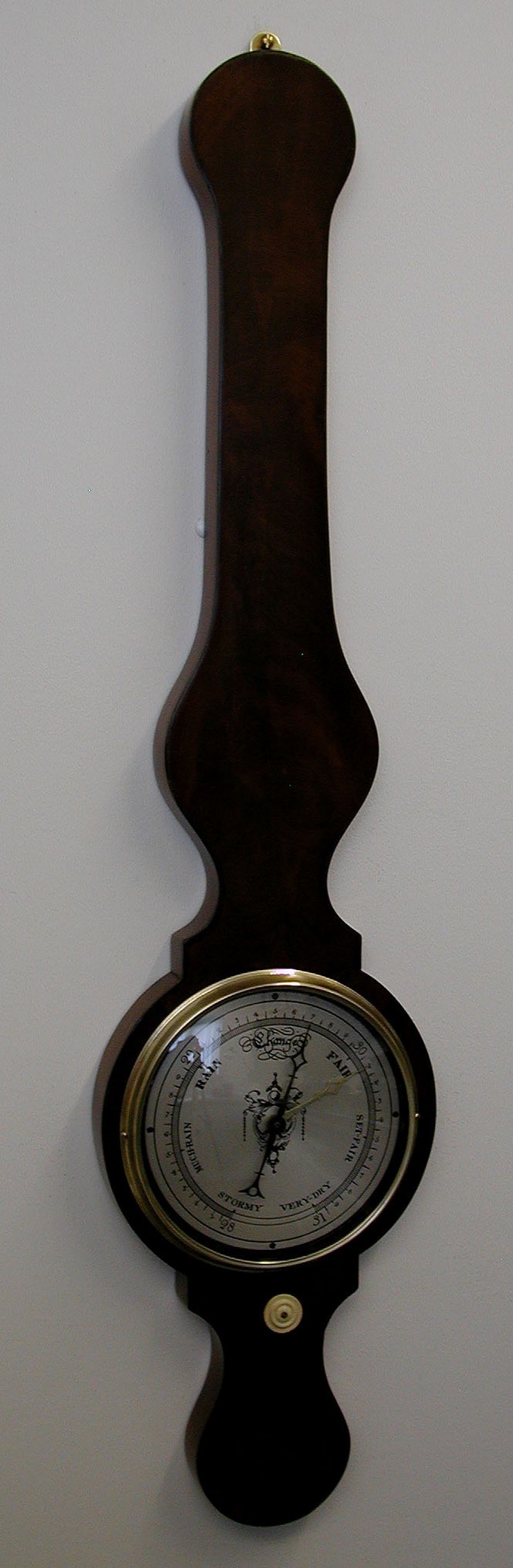 A 6" round top, round bottom honduras curl veneered wheel barometer, unnamed,