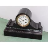 A Victorian slate and marble mantel clock of scrolled and drum form, Roman enamelled dial,