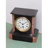 A Victorian slate and marble mantel clock with Roman enamelled dial, key and pendulum,