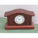 An Edwardian mahogany and inlaid mantel clock, Roman enamel dial,