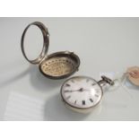 A 19th Century silver pair cased pocket watch, Roman enamel dial a/f,