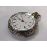 A late 19th/early 20th Century silver open faced fob/pocket watch with Roman enamel dial,