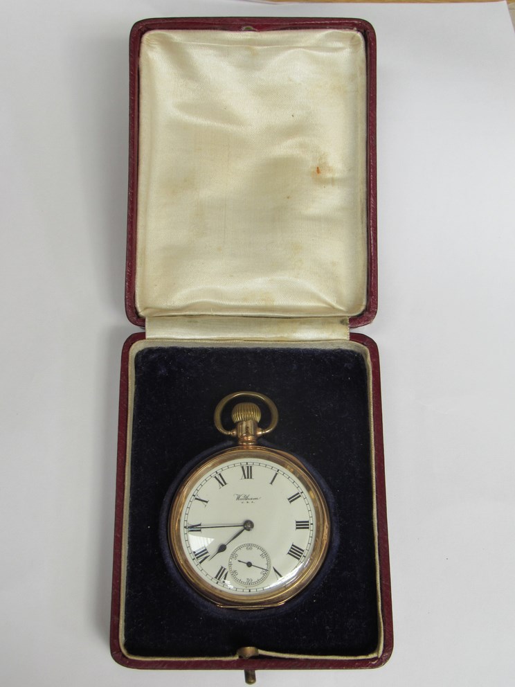 A Waltham USA gold plated open faced pocket watch,