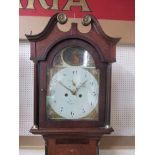 A Georgian oak and mahogany longcase clock, painted arched dial with Arabic numerals,