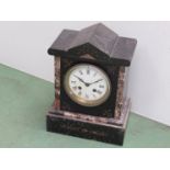 A Victorian marble mantel clock, Roman enamelled dial and key,