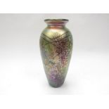 Richard Golding Okra glass vase iridescent with pink flower heads, lustre trails in metallic gold,