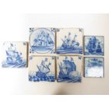 Seven 19th Century and later blue and white tiles with galleon detail