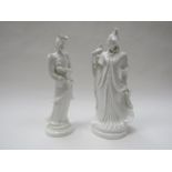 Two Royal Worcester style all-white china figures of Mandarin ladies,