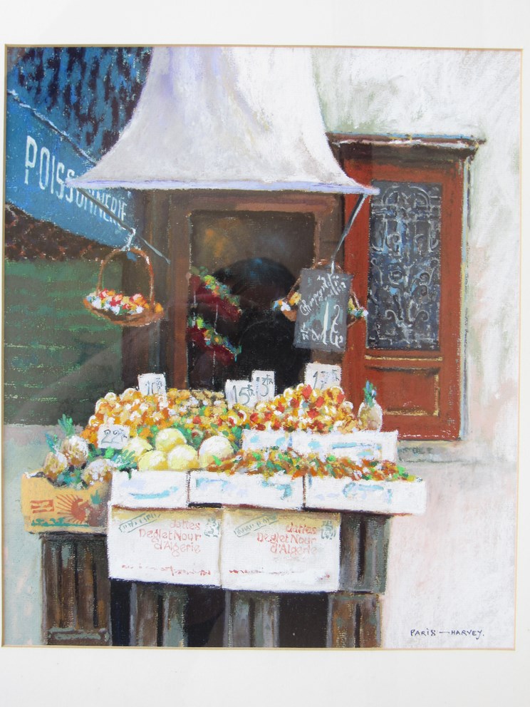 HARVEY: 20th Century Paris scenes fruit stall and cafe, oil pastel on paper, - Image 2 of 2