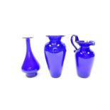 Two Bristol blue glass vases and jug bases marked Bristol,