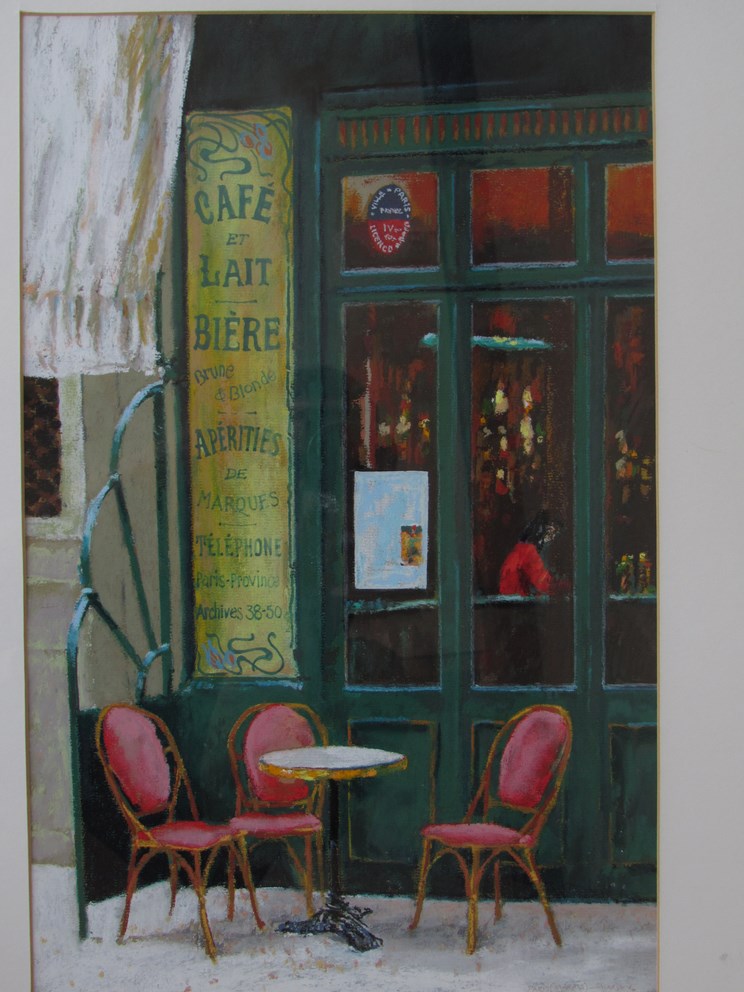 HARVEY: 20th Century Paris scenes fruit stall and cafe, oil pastel on paper,