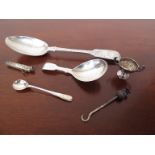 A silver tablespoon, Victorian silver caddy spoon and silver miniature trophy,