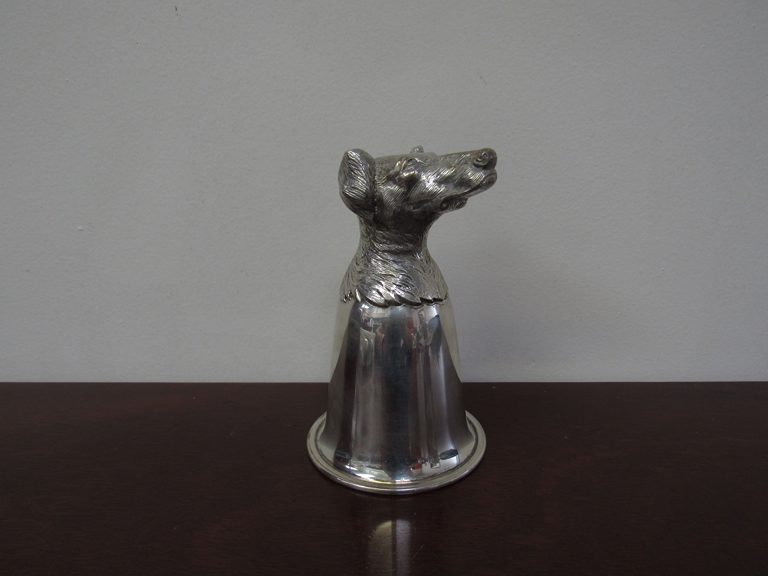 A Spanish silver stirrup cup with dogs head, folded foot/rim, 185g,