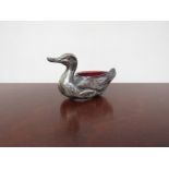 A silver salt as a duck with red glass liner, one eye missing, RD 473919, Birmingham,