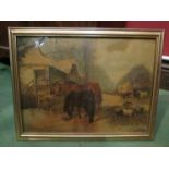 A print depicting a farmyard scene with horses and pigs,