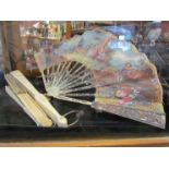 A 19th Century hand painted fan and three others including lace