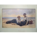 After Francois Alfred Delobbe (1835-1915/20): A lithographic print "Two girls at the beach".