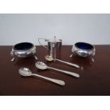 Two Hukin & Heath Victorian silver salts with blue glass liners London and a mustard (3)