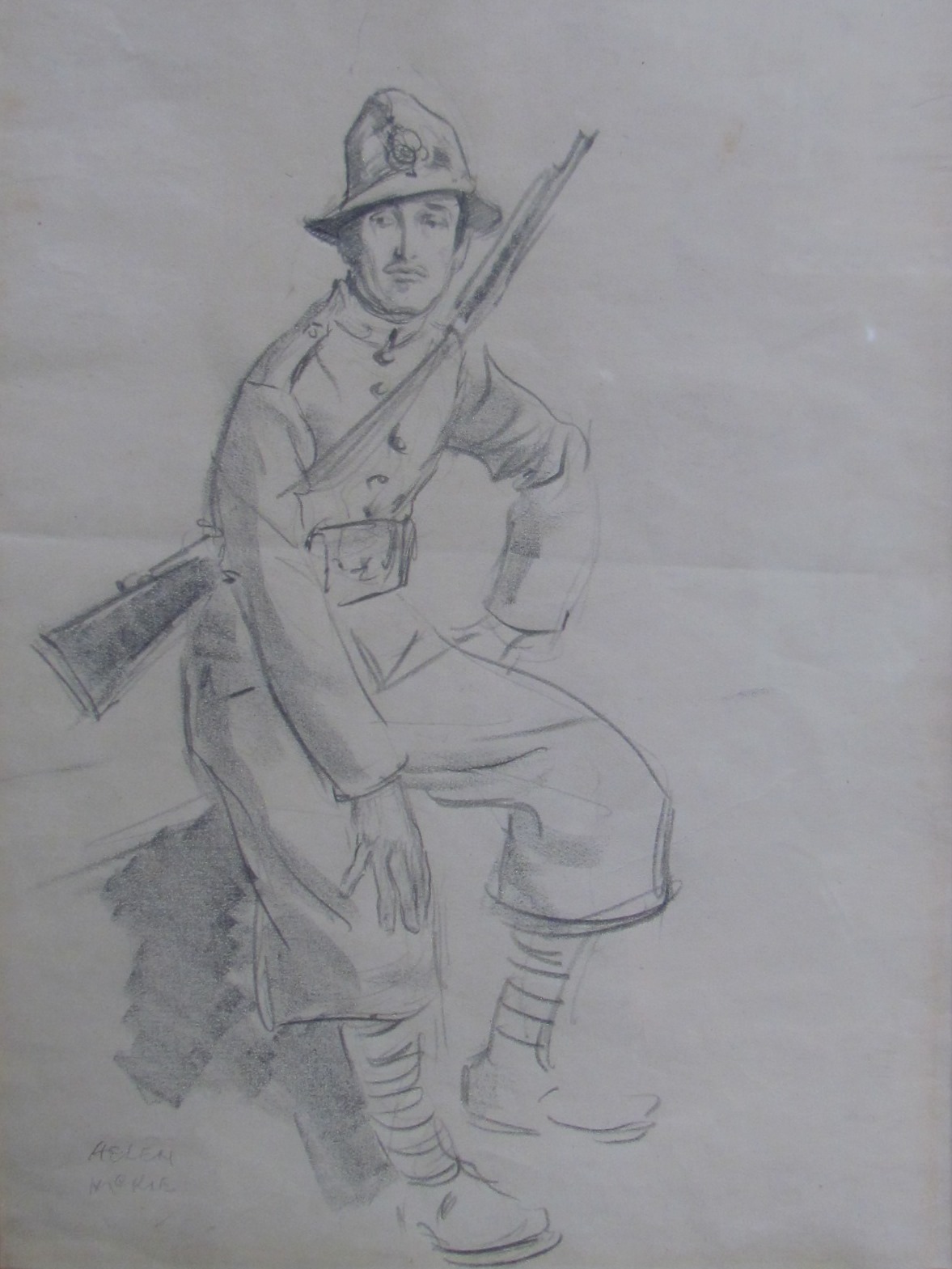 HELEN McKIE: A pencil study of an Italian soldier resting,