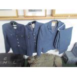 Three RAF tunics and two pairs of post-war RAF trousers