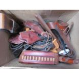 A box of mainly holsters and cartridge belts including Enger-Kress 1942 brown leather holster