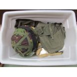 A box of webbing etc including a camouflage helmet