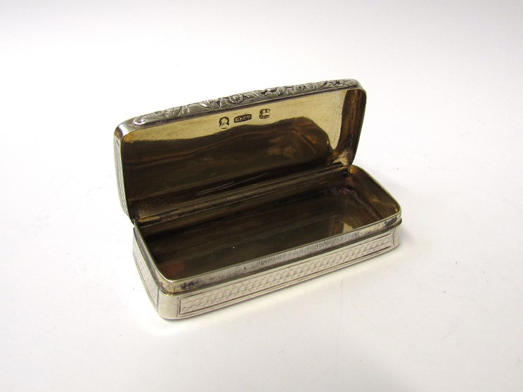 A Georgian silver snuff box, J Lawrence & Co Birmingham date mark indistinct, engine turned detail, - Image 2 of 2