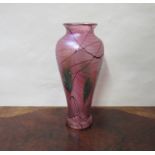 An Okra iridescent glass vase with pearlescent heart detail, pink colouration, etched mark to base,