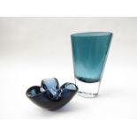 A flattened flared art glass vase in midnight blue and a similar coloured Murano dish (2).