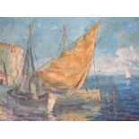 A 20th Century oil on board depicting fishing boats, indistinctly signed.