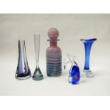 A Mdina cased glass decanter in pink and blue,