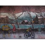 JAMES DOWNIE (b.1949) An oil on canvas, rainy street scene with cyclist. Signed bottom right.