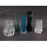 Four Whitefriars glass vases and a Liskeard knobbly glass vase. Tallest 20.