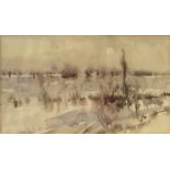 A framed and glazed watercolour, winter wetlands, indistinctly signed,