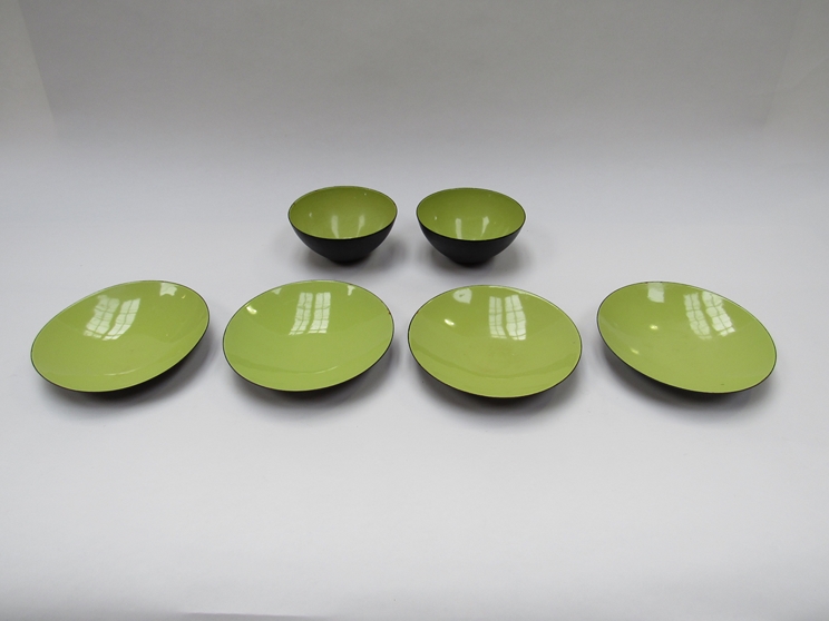 Six 1950's vintage Herbert Krenchil Krenic Danish enamel ware bowls/dishes together with four