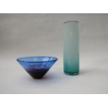 A Magnor, Norway signed glass bowl and a contemporary studio glass cylinder vase with purple rim.