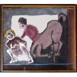 JOHN KIKI (b.1943) (ARR) A framed mixed media on canvas Centaur with woman by a river, signed verso.