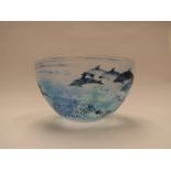 MALCOLM SUTCLIFFE - A Studio glass bowl with dolphins, etched signature to base, 9.5cm high x 16.