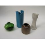 Three Scandinavian studio pots and a small Holmegaard green glass vase by Micheal Bang