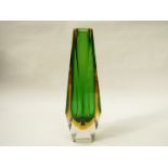 A Murano Sommerso faceted vase in green and amber cased in clear. 30.