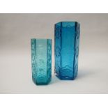 Two Dartington glass blue vases with moulded detail by Frank Thrower.