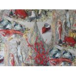 A pair of 1950's screen print curtains in an underwater scene with crustaceans and fish approx