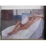 Two circa 1970's oil on canvas depicting female nudes, unsigned works, 89cm x 59cm and 40.5cm x 58.