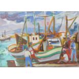 A 1960's framed and glazed acrylic on paper, fishing boats and figures.